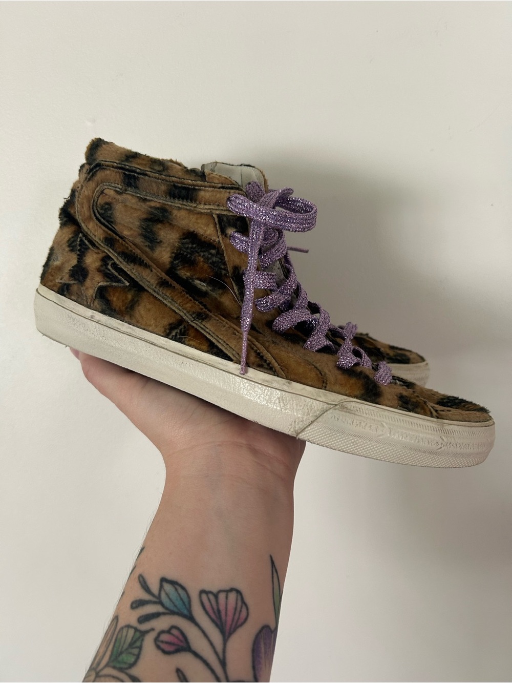Golden Goose 38 (7.5 US) Women Slides Animal Print Purple Laces